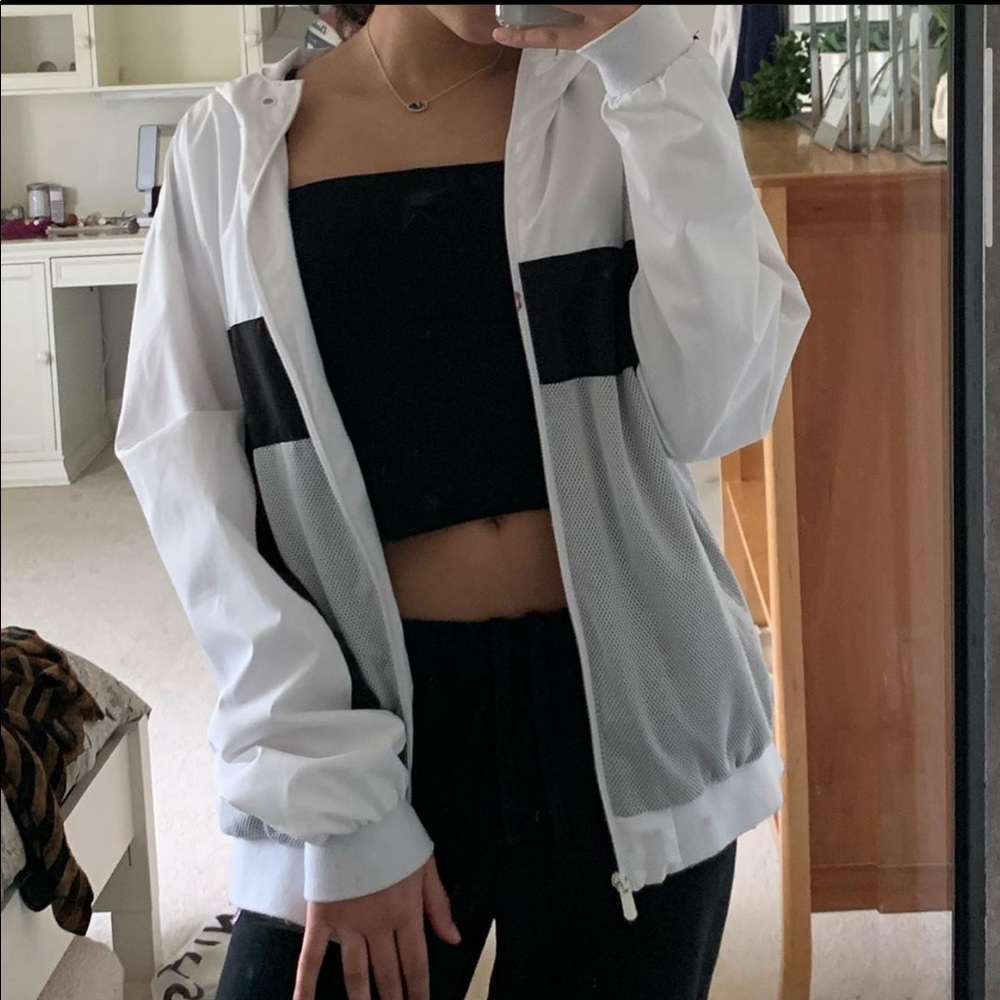 Black, white, and grey jacket.